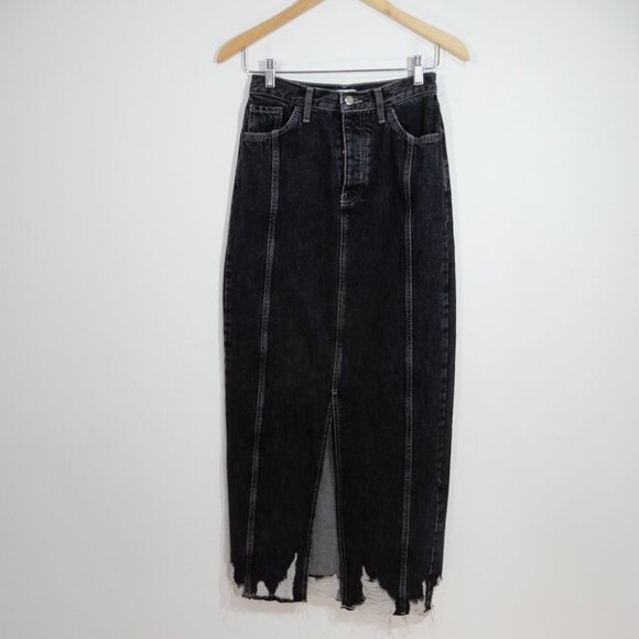 TOPSHOP Denim Maxi Long SKIRT Size 4 Destroyed Hem Front Slit Black NEW - Picture 4 of 10